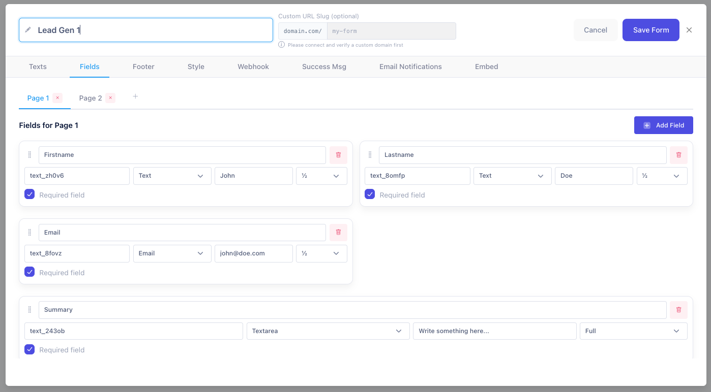 CustomJS Form Builder Interface - Visual builder with drag-and-drop form fields